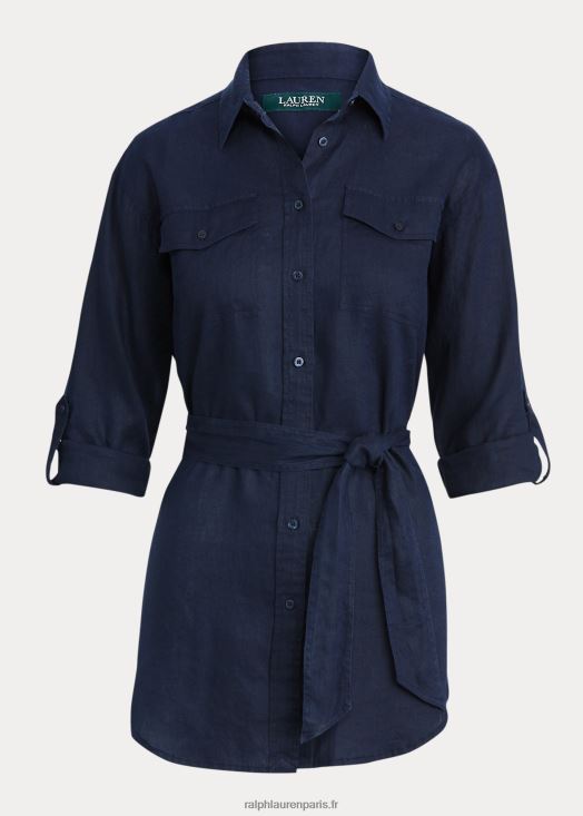 chemise en lin à ceinture 46T60T4424 femmes Ralph Lauren marine