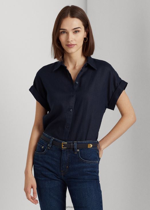 chemise à manches courtes en lin 46T60T4286 femmes Ralph Lauren marine