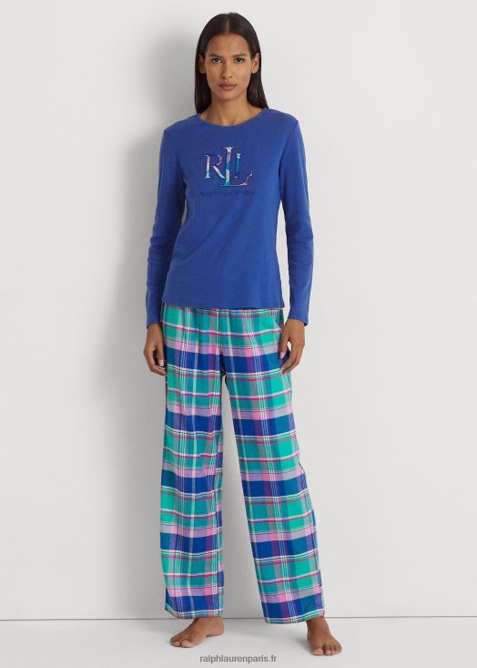 pyjama à carreaux à manches longues 46T60T9576 femmes Ralph Lauren carreaux bleus