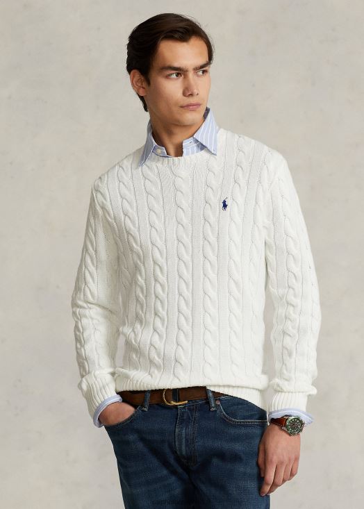 pull en coton à torsades 46T60T8413 Hommes Ralph Lauren blanc